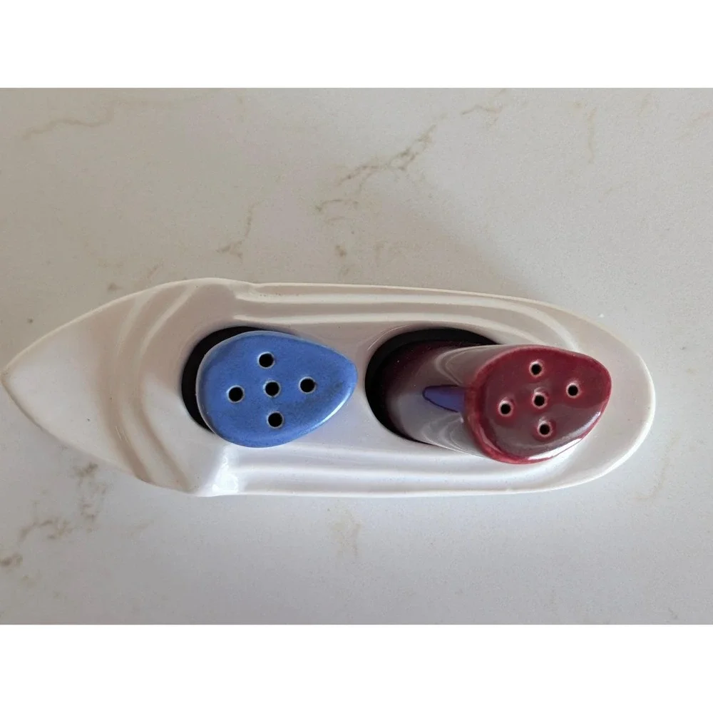 Vintage USA Pottery 566 Boat Salt and Pepper Shakers Set Blue Maroon Nautical